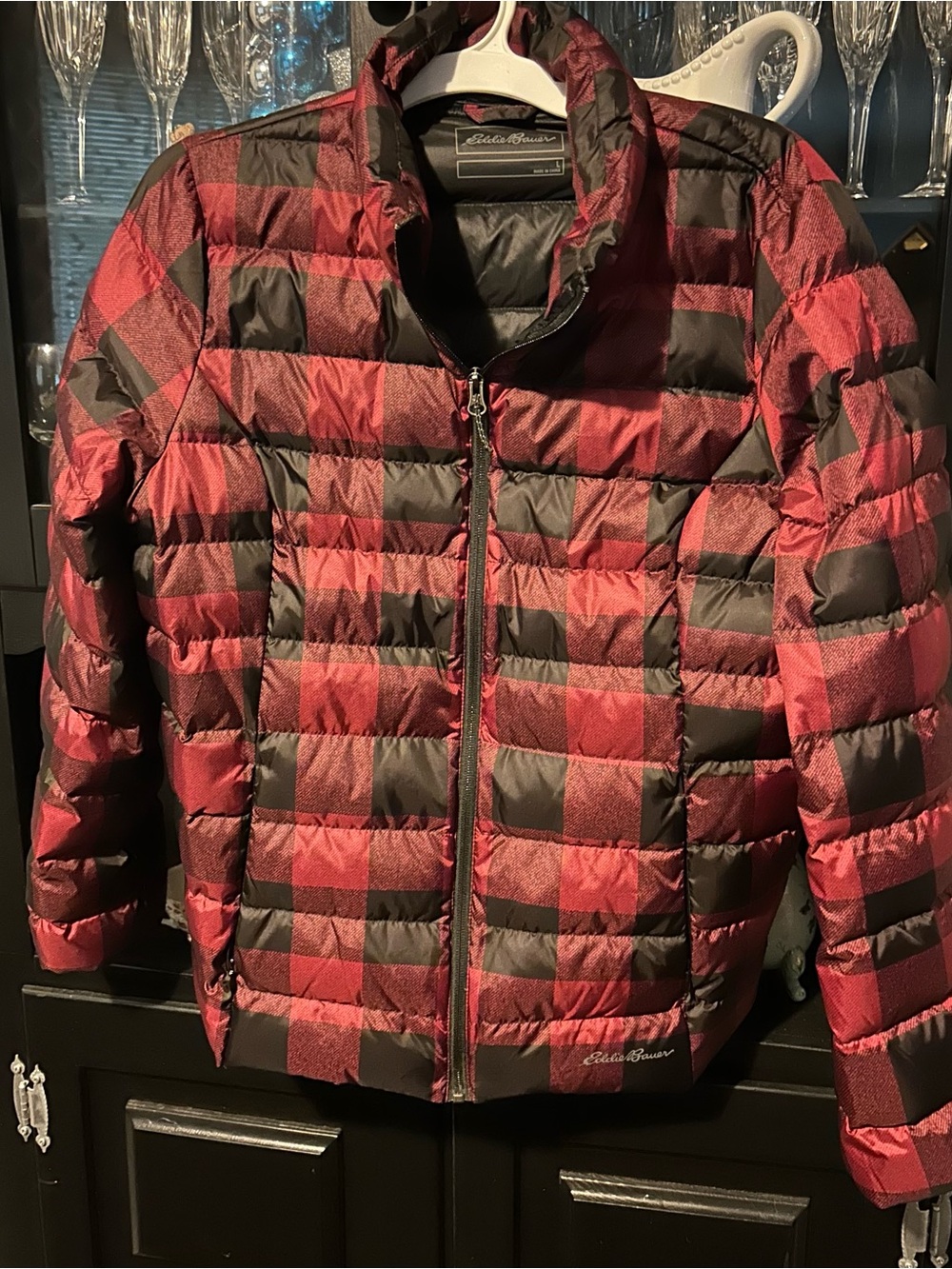 Eddie Bauer Red and Black Plaid Packable Puffer Jacket